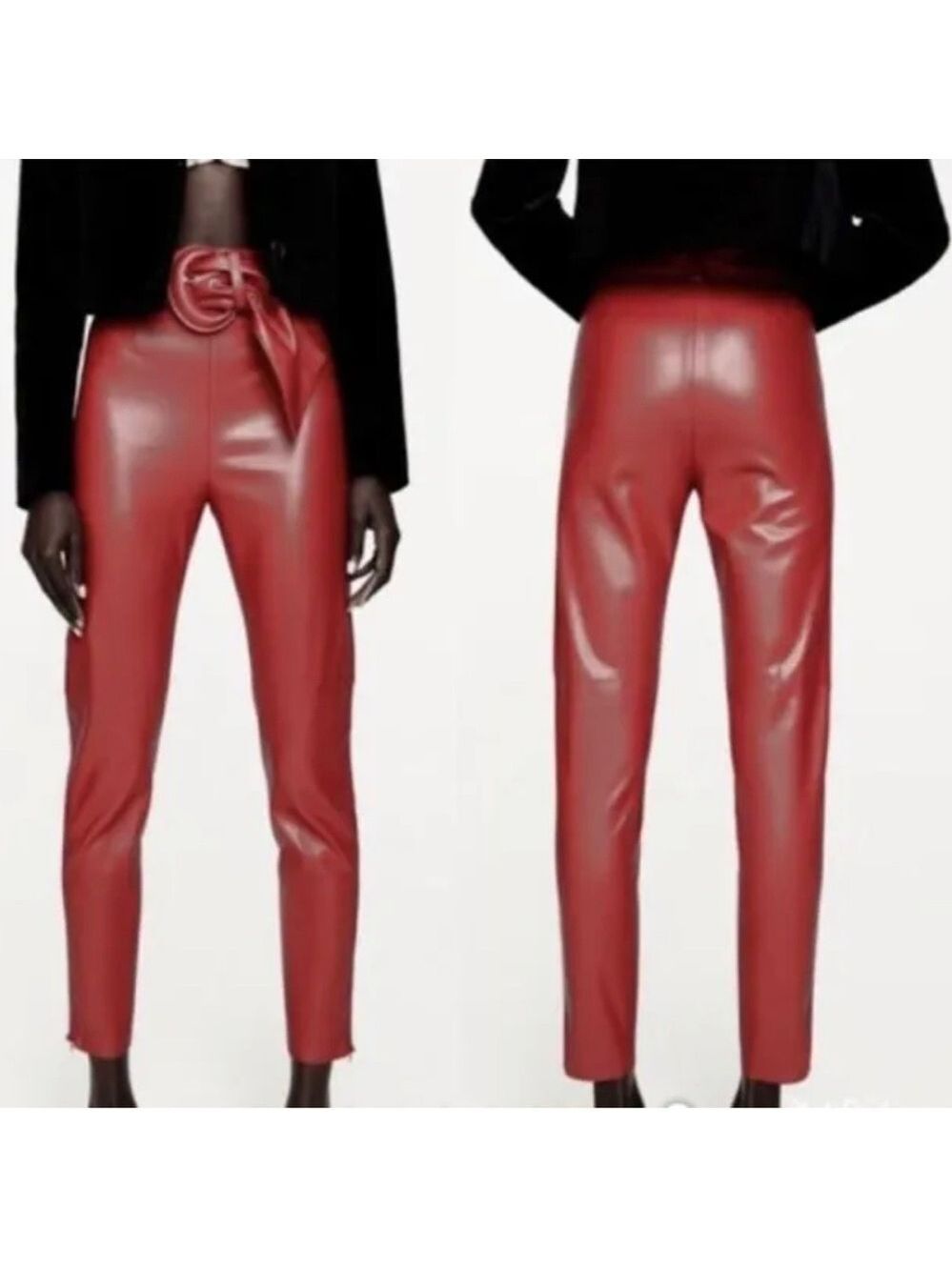 ZARA FAUX LEATHER BELTED HIGH WAISTED PANT RED pleather vegan Sz M NWT